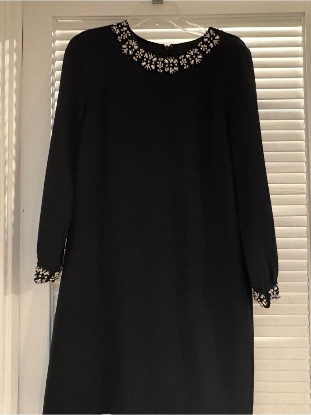 J. Crew Black Long-Sleeve Shift Dress with Jeweled Collar